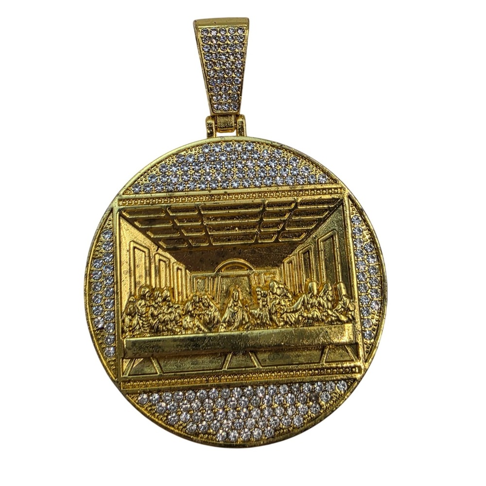 Gold Tone Last Supper Medallion Pendant Iced Out Rhinestone Hip Hop Religious